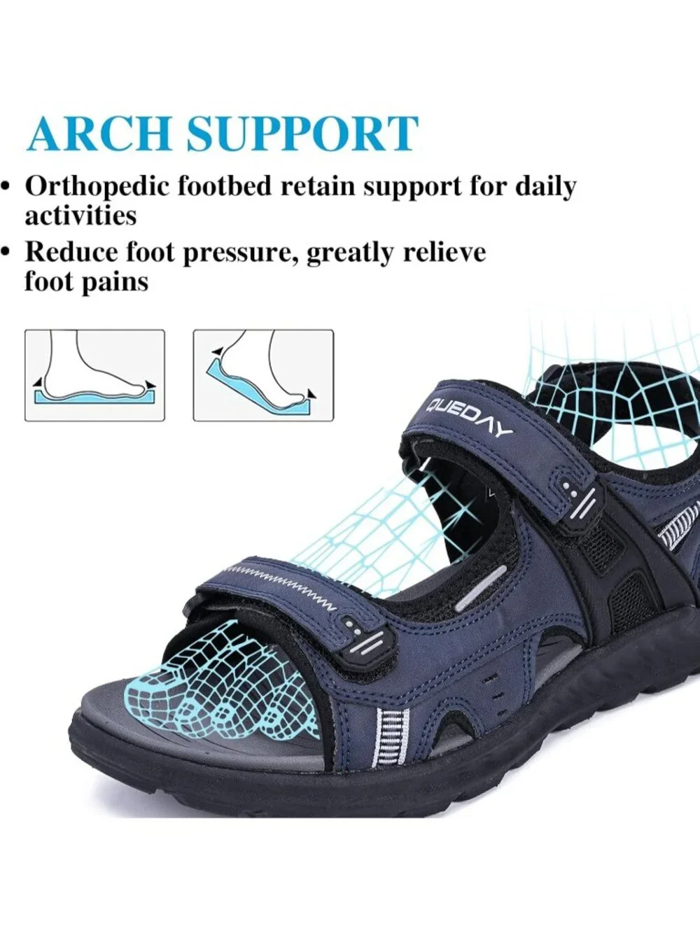 Men's Blue Hiking Sandals With Arch Support Casual Rubber Athletic Shoes
